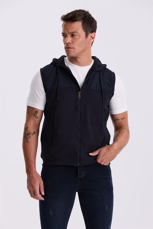 Navy Slim Fit Cotton Lycra Vest With A Hood