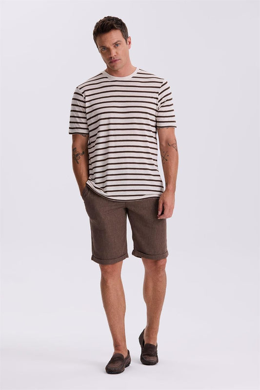 Slim Fit Round Collar T Shirt With Beige Stripes