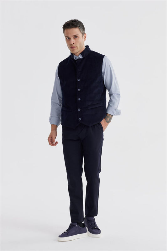 Navy Judge Collar Slim Fit Vest With Two Sides