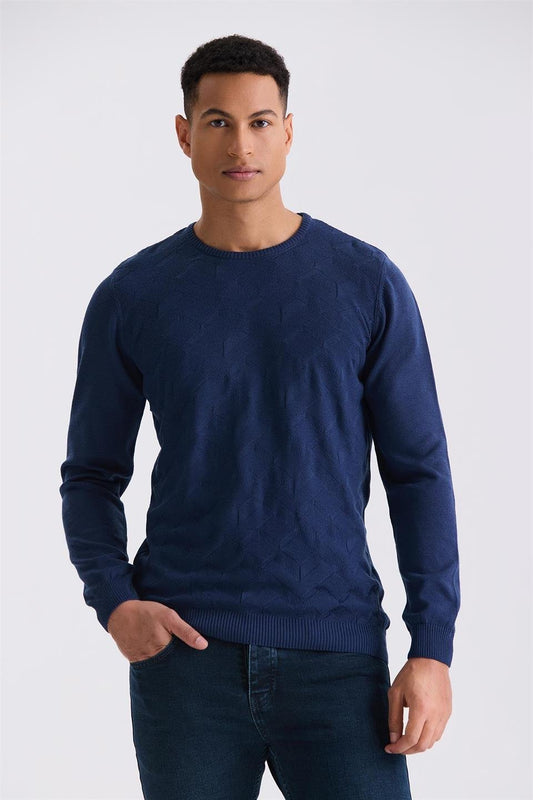 Indigo Slim Fit Round Collar Knitted Sweater With Pattern