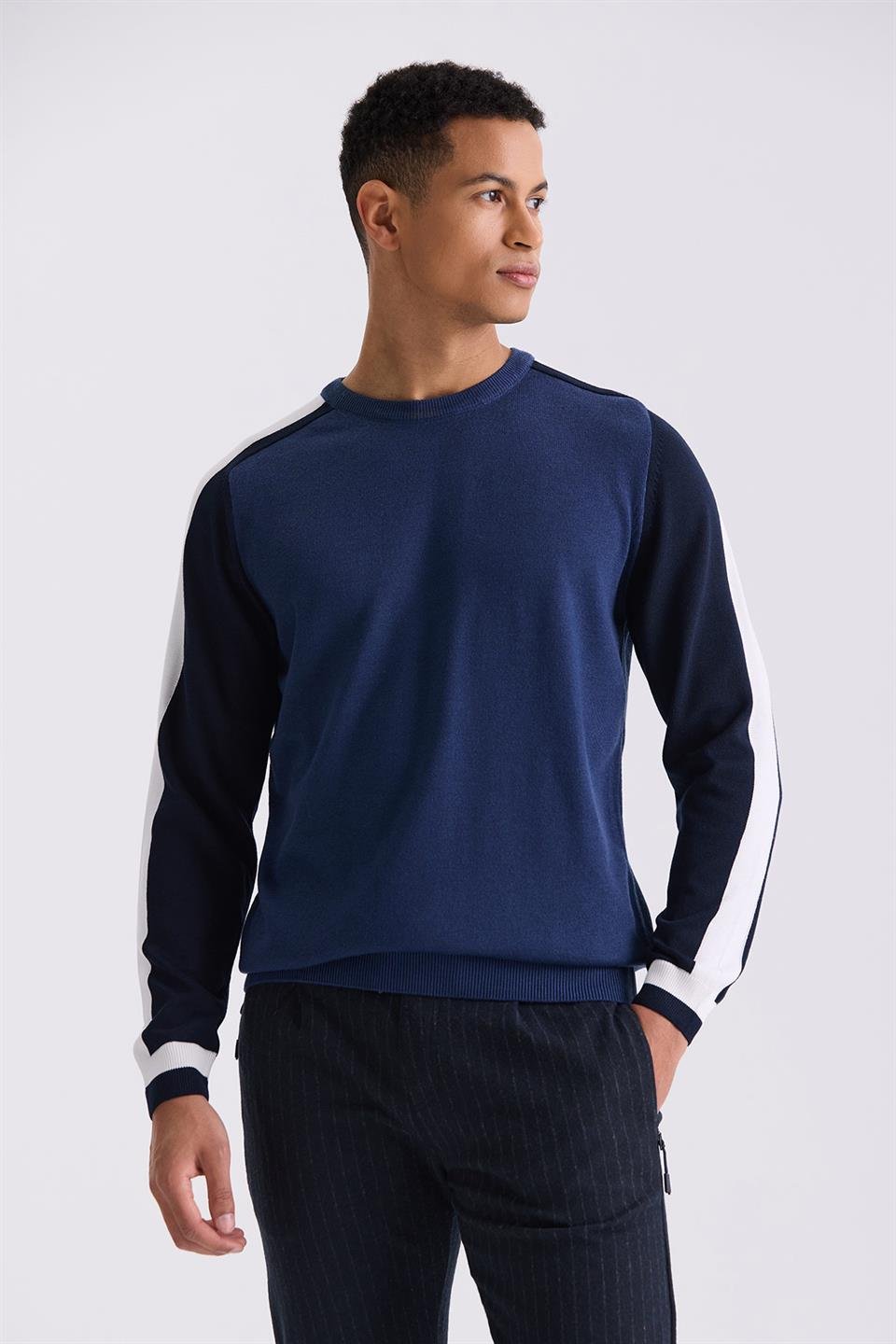 Blue Slim Fit Striped Detailed Round Collar Knitted Sweater