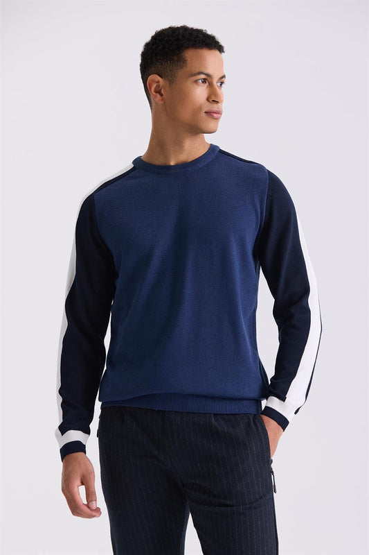 Blue Slim Fit Striped Detailed Round Collar Knitted Sweater