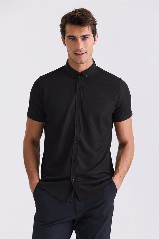 Black Slim Fit Shirt Collar T Shirt With Buttons