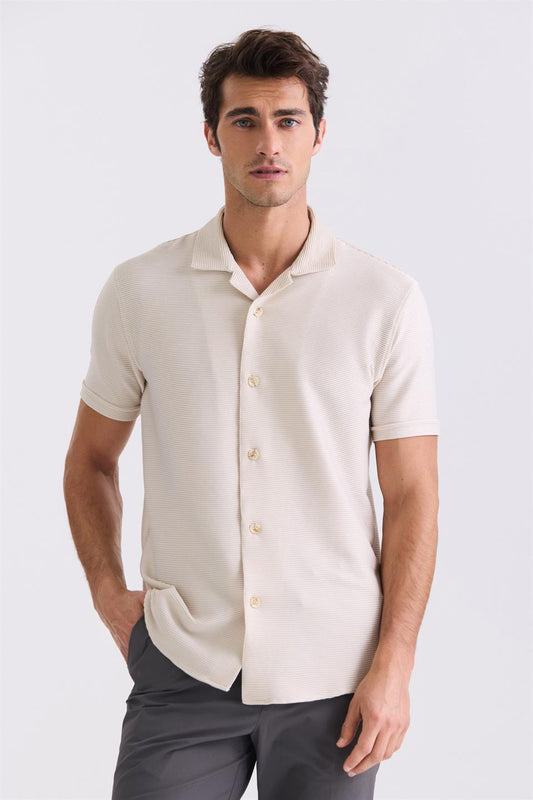 Beige Slim Fit Shirt Collar Detailed T Shirt