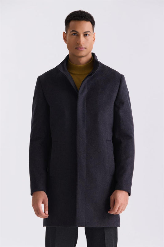 Dark Navy Slim Fit High Collar Fish Back With Patterned Wool Sports Jacket