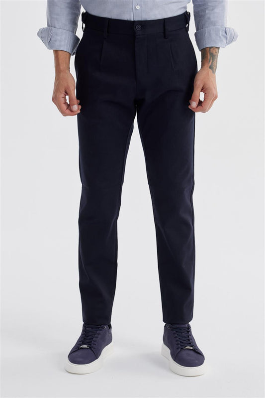 Navy Comfort Fit Double Pile Cotton Canvas Trousers With White Collar