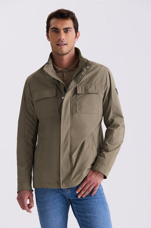 Khaki Comfort Fit Upright Collar Seasonal Sports Jacket