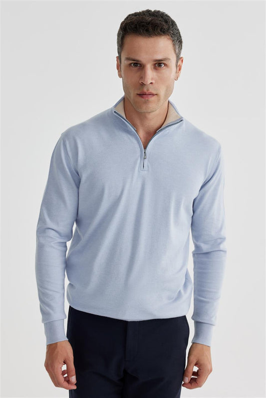 Open Blue Slim Fit Zipped Straight Collar Knitted Sweater