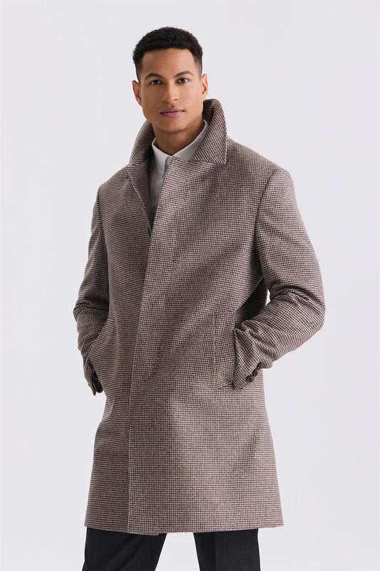 Gray Comfort Fit Shirt Collar Brown Patterned Wool Collar Jacket