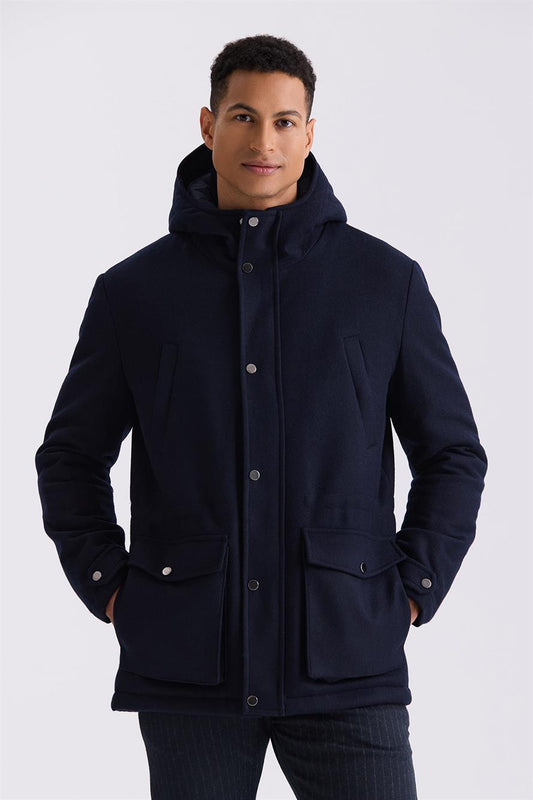 Navy Comfort Fit Wool Jacket With Hood