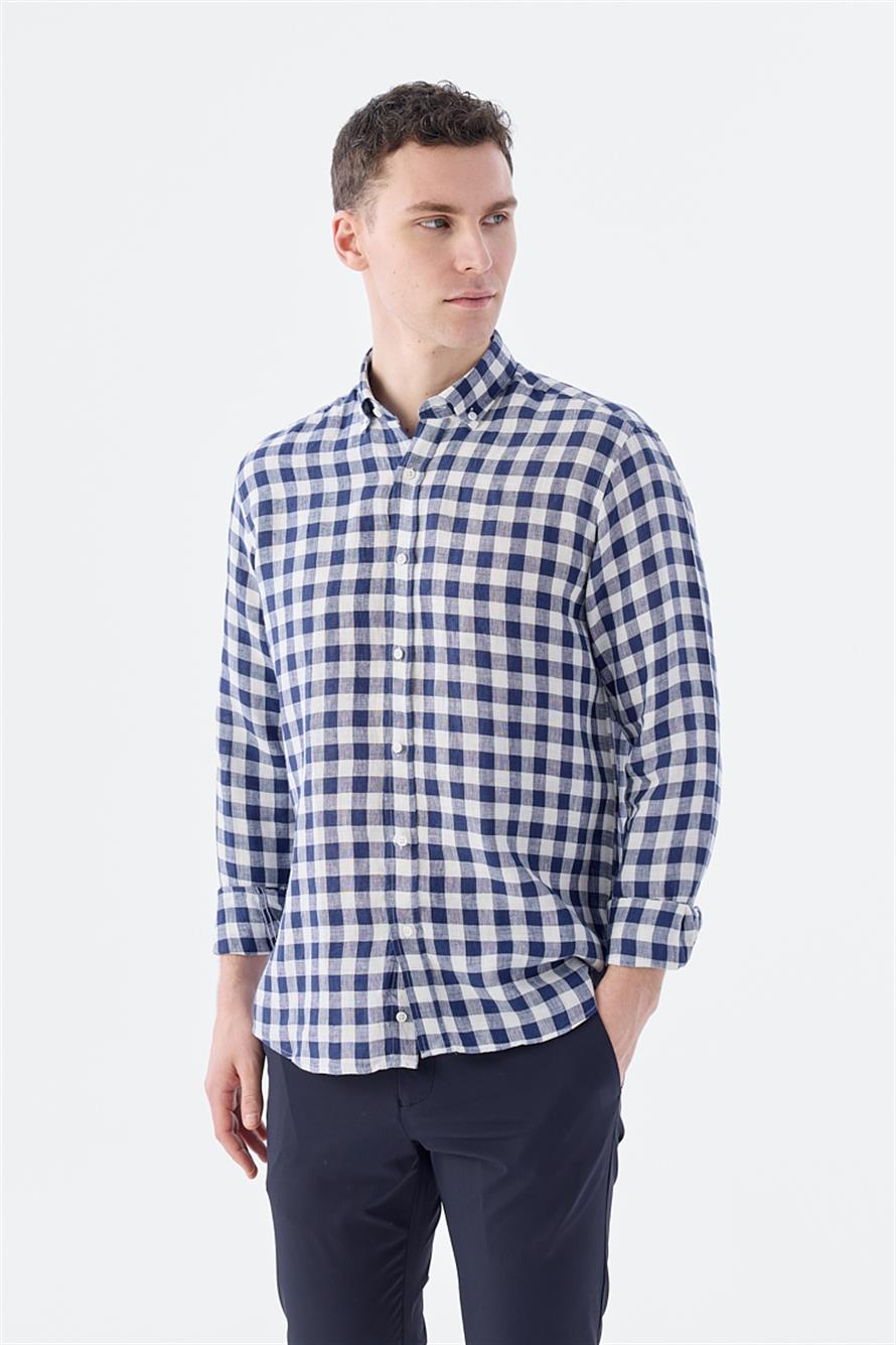 Navy Comfort Fit Kareli 100% Linen Shirt