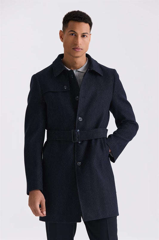 Dark Navy Comfort Fit Shirt Collar Fish Back With Patterned Belt Wool Jacket