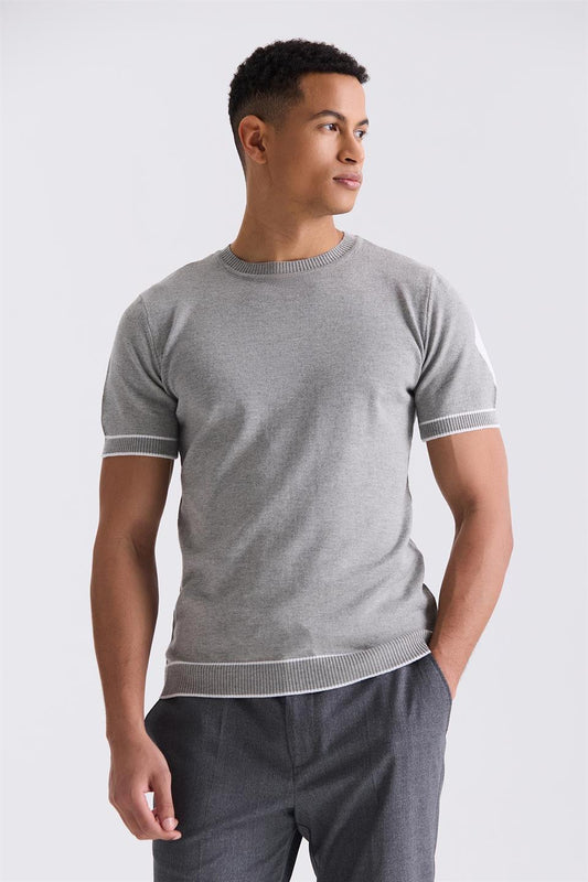 Gray Slim Fit Knitted Round Collar T Shirt