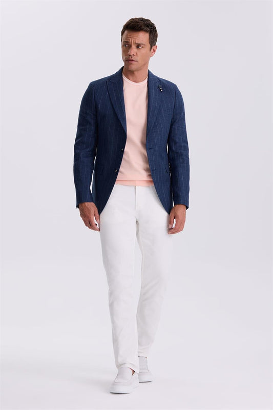 Navy Slim Fit Squirrel Collar Striped Linen Cotton Seasonal Jacket