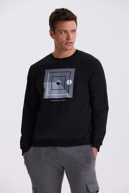 Black Slim Fit Round Collar Printed 100% Cotton Sweatshirt