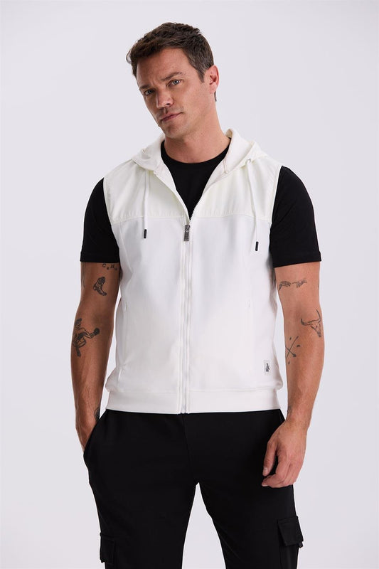 Ecru Slim Fit Cotton Lycra Vest With A Hood