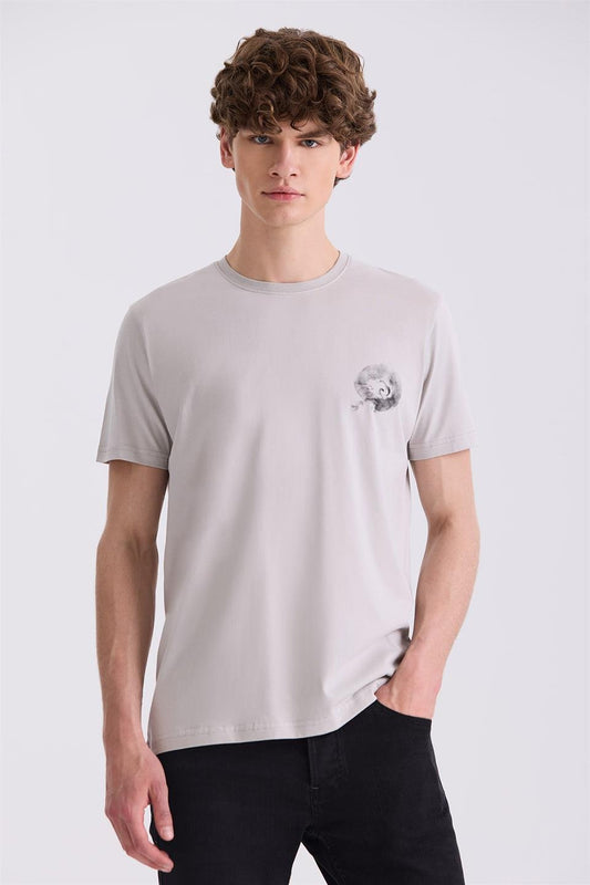 Grey Slim Fit Round Collar T Shirt.