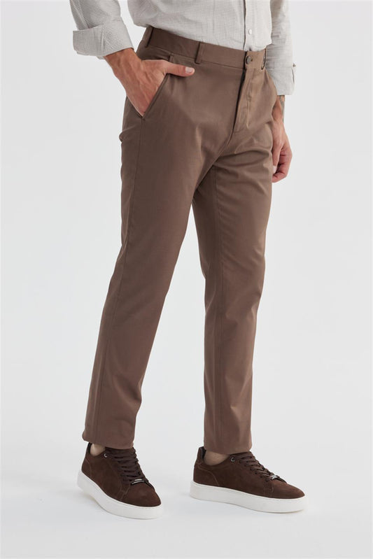Coffee Comfort Fit Cotton Canvas Trousers With Side Pockets