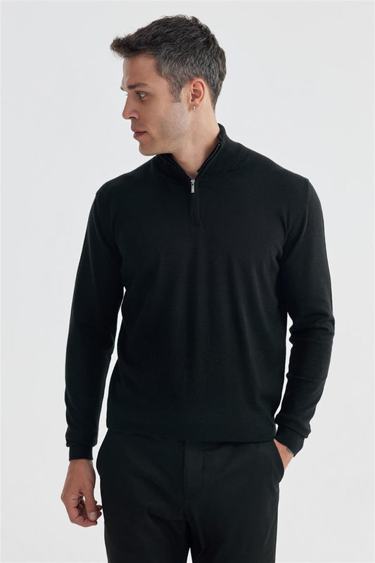 Black Slim Fit Zippered Straight Collar Knitted Sweater