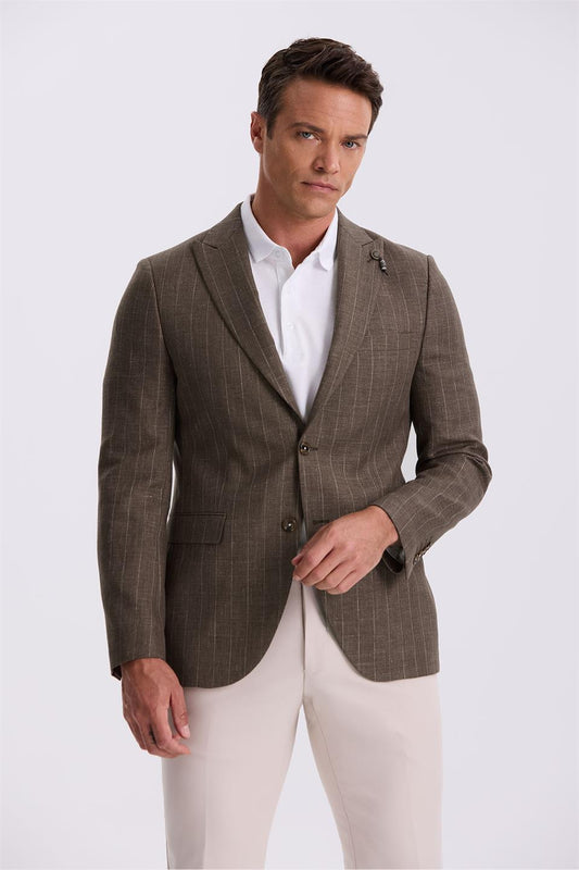 Coffee Slim Fit Squirrel Collar Striped Linen Cotton Seasonal Jacket