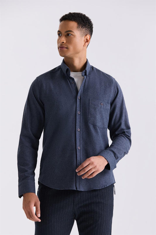 Navy Slim Fit Buttoned Collar Shirt