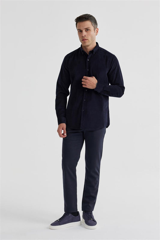 Navy Comfort Fit Buttoned Collar 100% Cotton Shirt