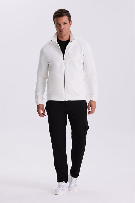 Ecru Slim Fit Cotton Lycra Tracksuit With A Zipper