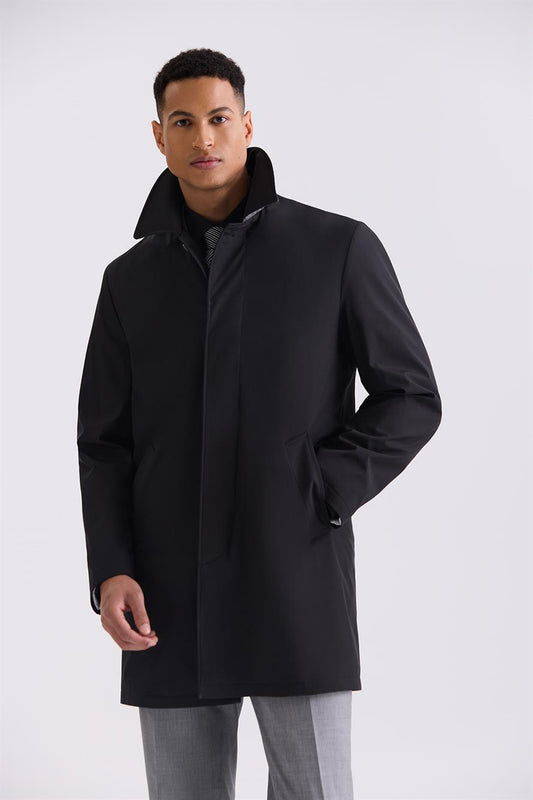 Black Comfort Fit Shirt Collar Jacket With A Hidden Button