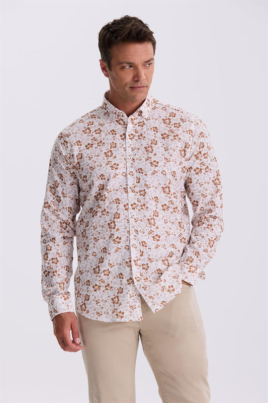 Coffee Flower Collar Comfort Fit Shirt With Buttons