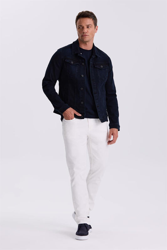Navy Slim Fit Baby Collar Cotton Pocketed Denim Jacket And Coat