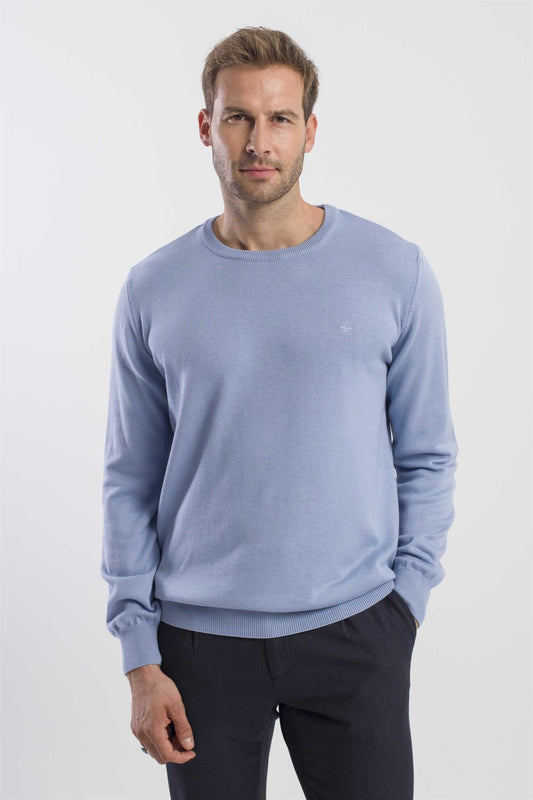 Blue Slim Fit Round Collar Knitted Sweater