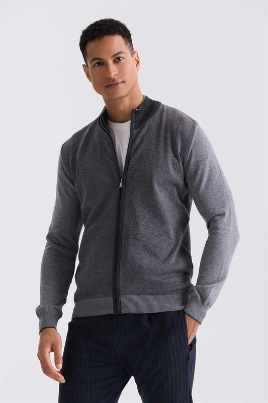 Gray Slim Fit Knitted Cardigan With Zipper