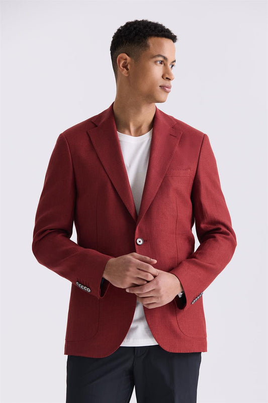 Red Slim Fit Single Collar Linen Sports Jacket