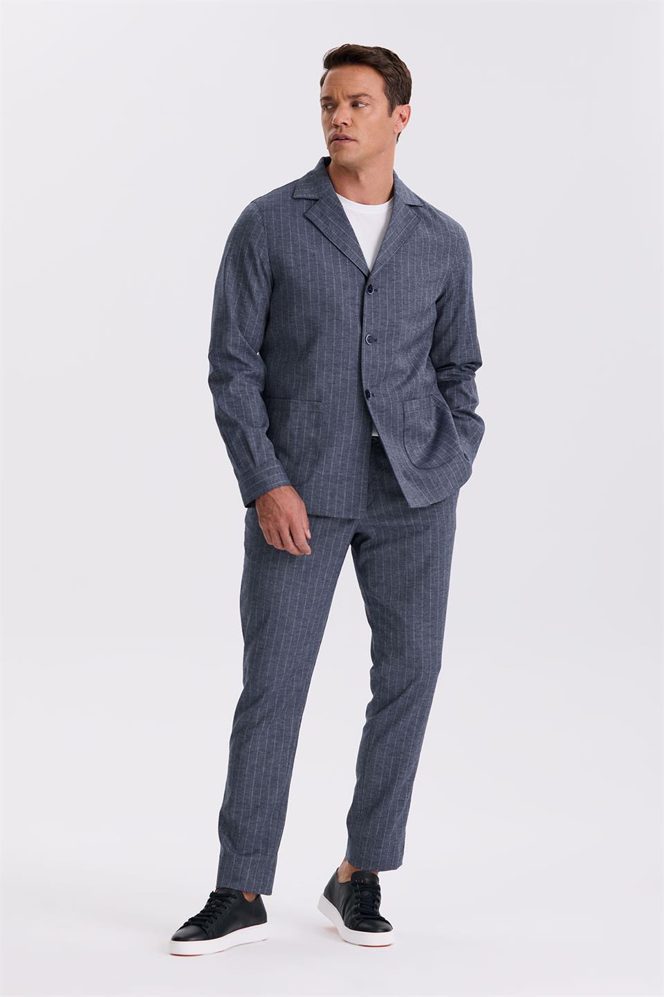 Navy Slim Fit Cutaway Collar Linen Mixed Double Breasted Striped Suit
