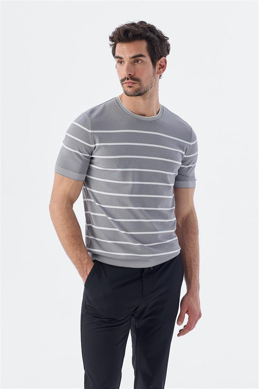 Gray White Slim Fit Round Collar Striped Knit T Shirt