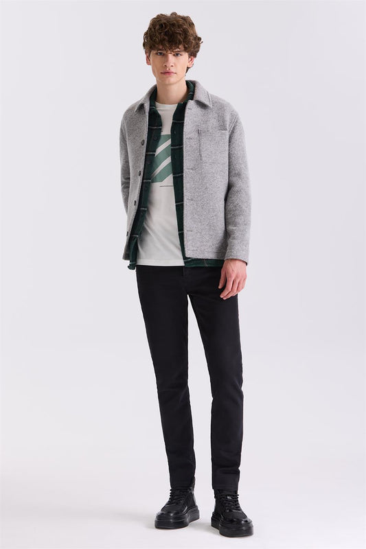 Gray Slim Fit Shirt Collar Woolly Collar Jacket