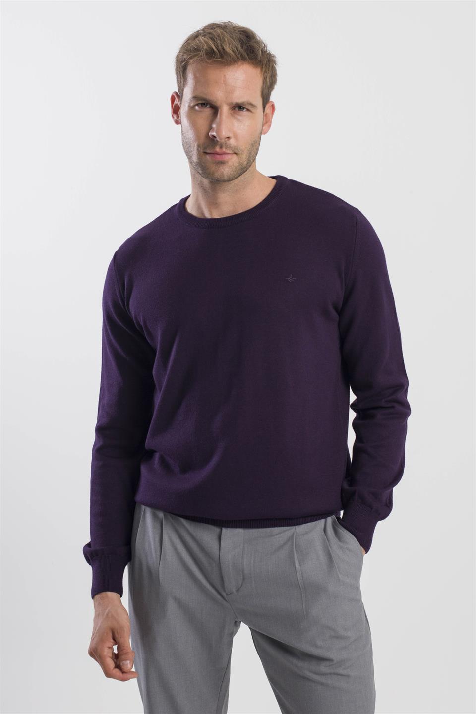 Purple Slim Fit Round Collar Knitted Sweater