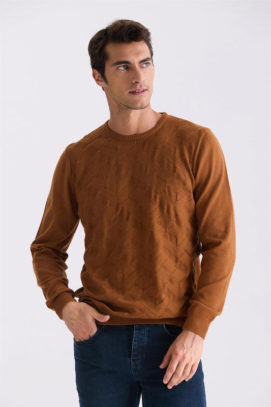 Cinnamon Slim Fit Round Collar Knitted Sweater With Pattern