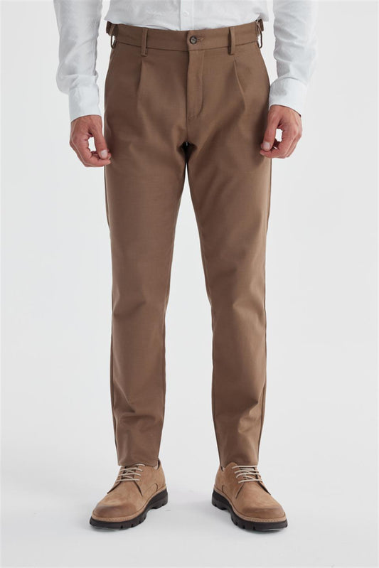 Tan Comfort Fit Double Pile Cotton Canvas Trousers With White Collar