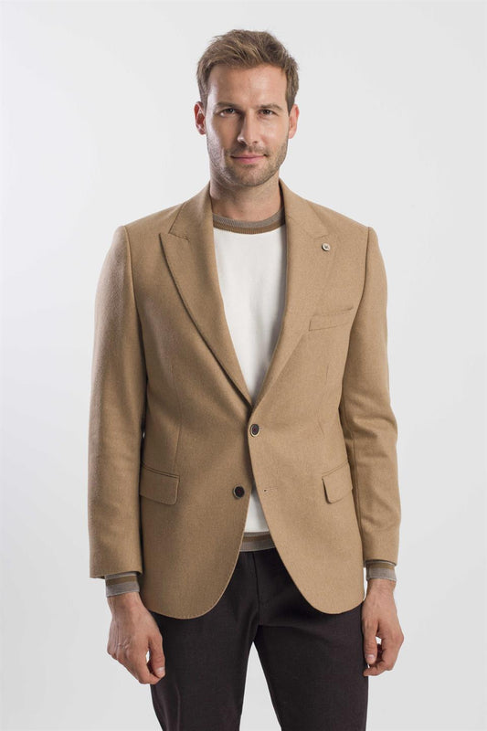 Tan Regular Fit Wool Single Collar Jacket