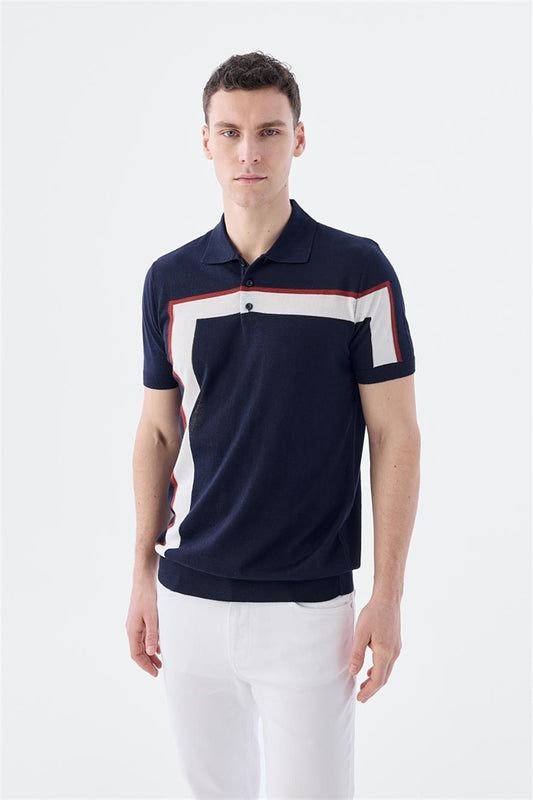Navy Slim Fit With Detailed Polo Collar T Shirt