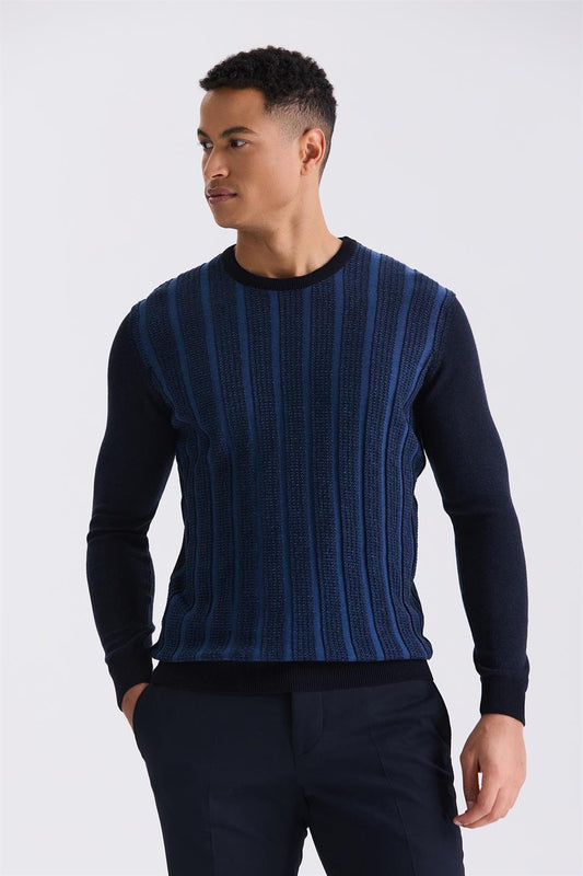Navy / Indigo Slim Fit Round Collar Knitted Sweater With Stripe