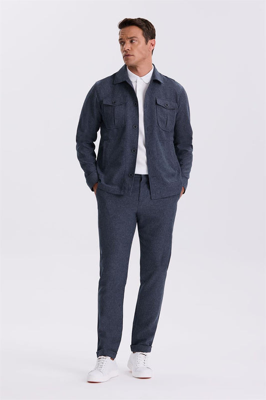 Navy Slim Fit Baby Collar Pocket Sports Suit
