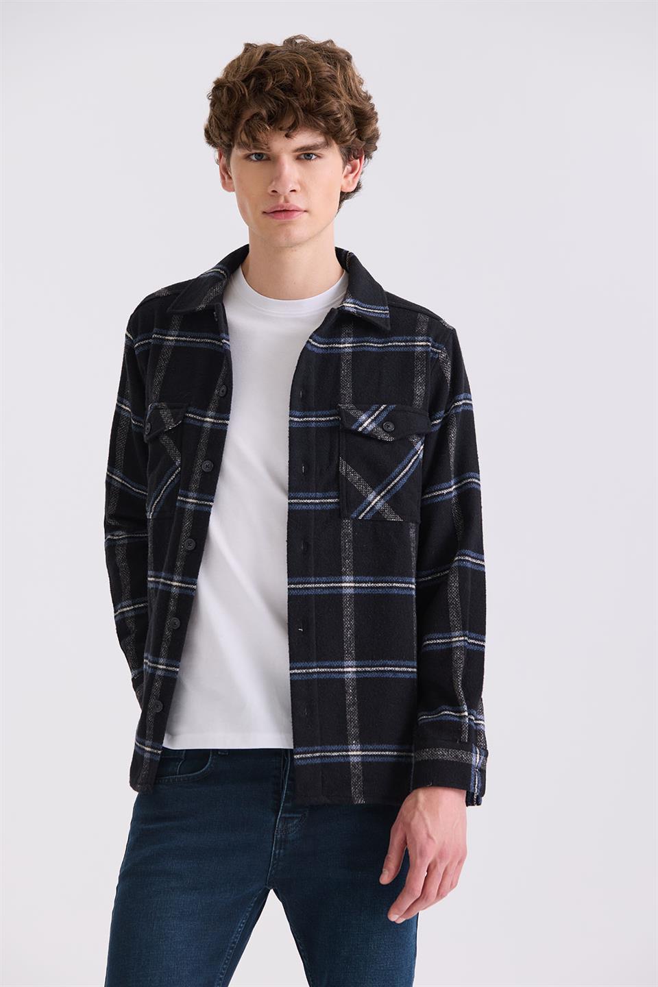 Black Over Size Plaid Patterned Cotton Pocketed Lumberjack Shirt
