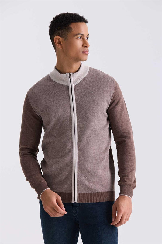 Coffee Slim Fit Knitted Cardigan With Zipper