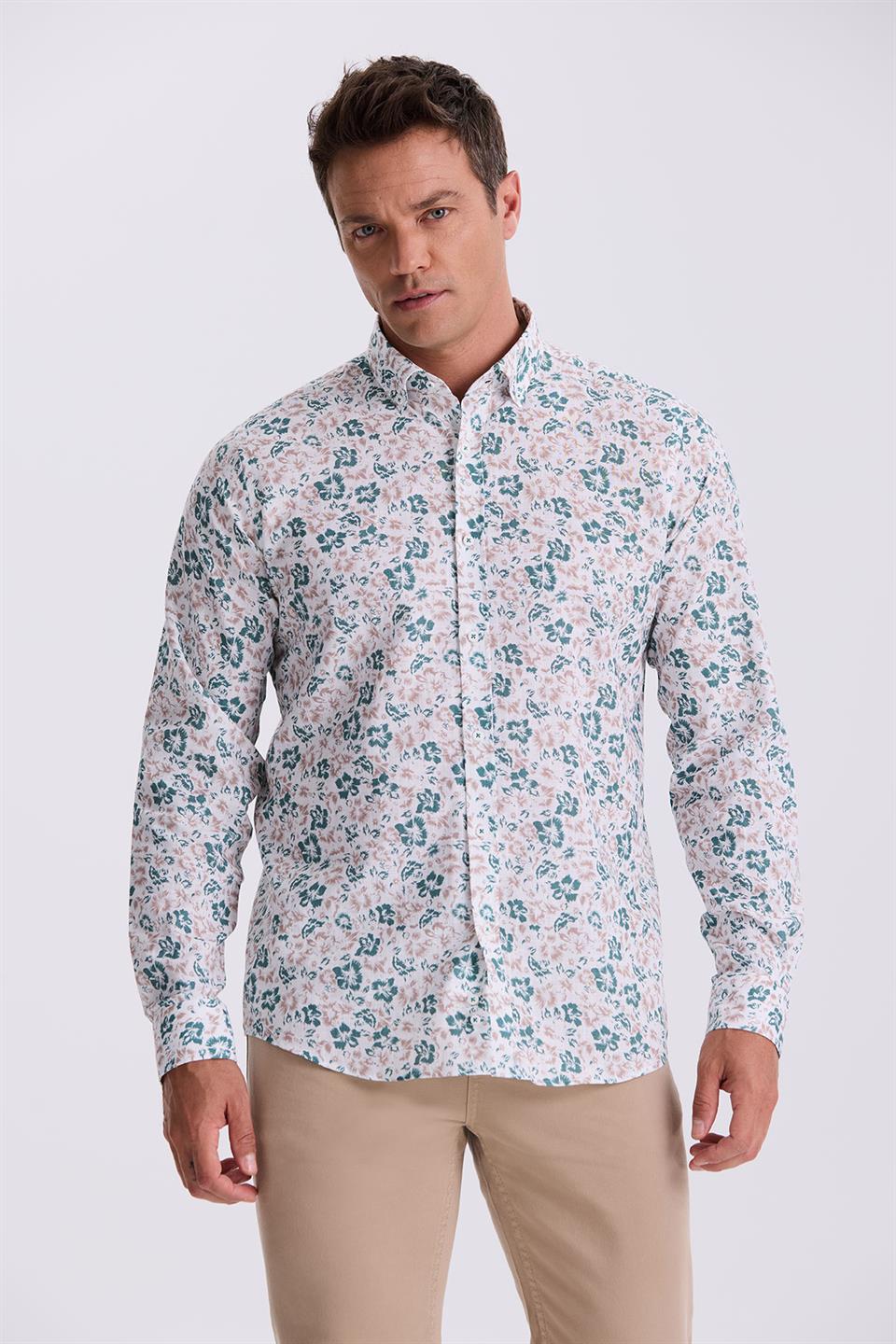 Comfort Fit Shirt With Green Flower Collar And Button