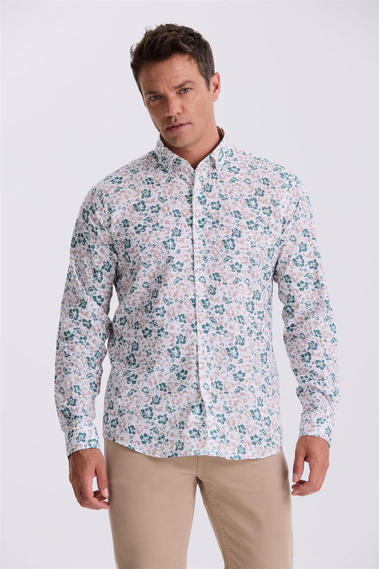 Comfort Fit Shirt With Green Flower Collar And Button