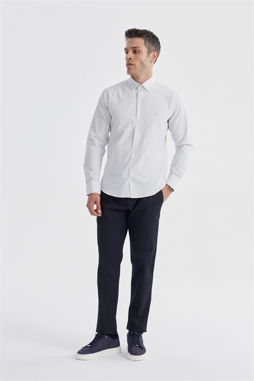 Cream Slim Fit Patterned Cotton Buttoned Collar Shirt
