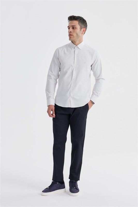 Cream Slim Fit Patterned Cotton Buttoned Collar Shirt