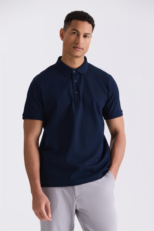 Navy Slim Fit 100% Cotton Merserize Polo Collar T Shirt With A Wide Collar